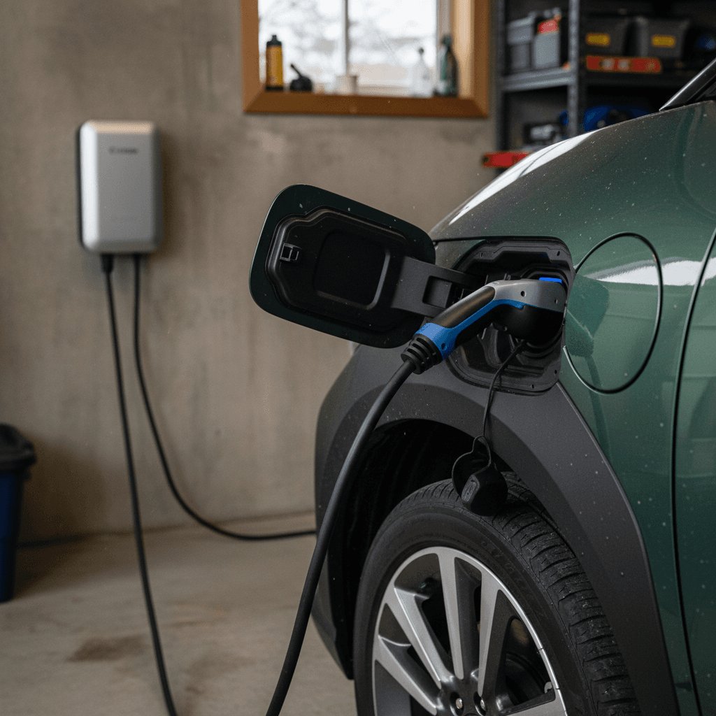 Home Level 2 charger plugged into a Subaru Solterra charging port in a driveway