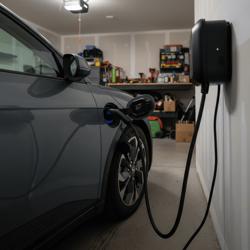 Hyundai Ioniq 5 charging at a home Level 2 wallbox in a residential garage