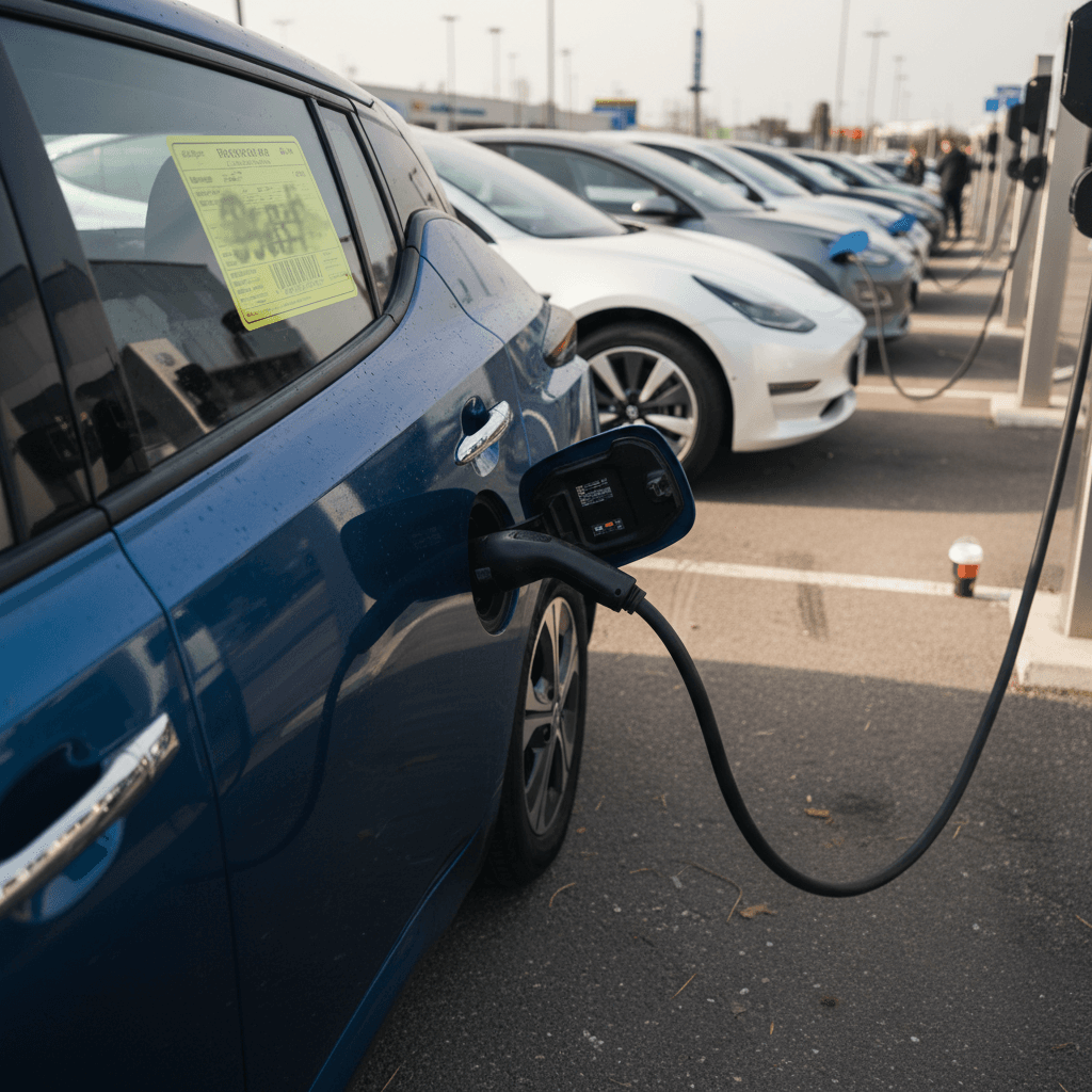 Line of used electric cars on a dealer lot with visible charging ports and price stickers