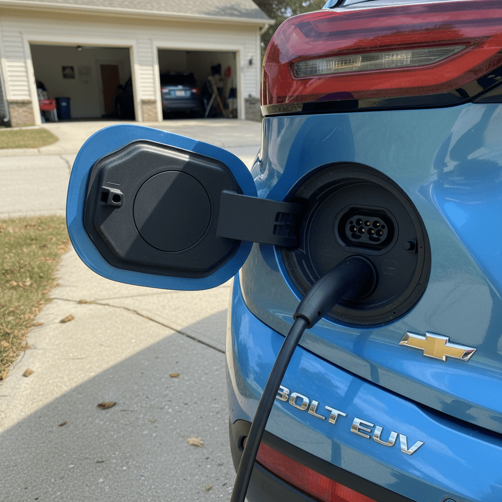 Close-up of a 2022 Chevrolet Bolt EUV charging at home, showing charging port and fender