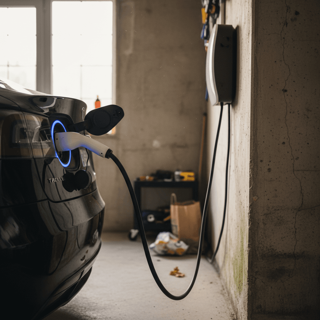 Tesla Model S charging at a home Level 2 wall charger in a residential garage