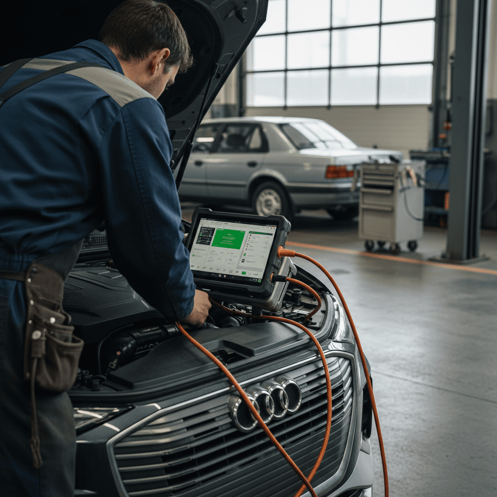 Technician checking 2022 Audi Q4 e-tron battery health with a diagnostic tablet before trade in