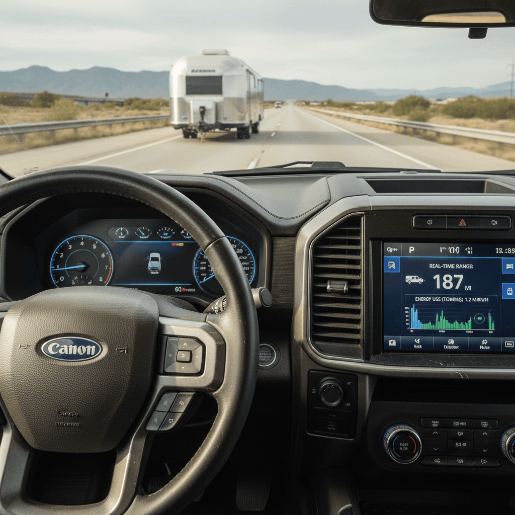 Ford F-150 Lightning towing a travel trailer while displaying energy use and range on the center touchscreen