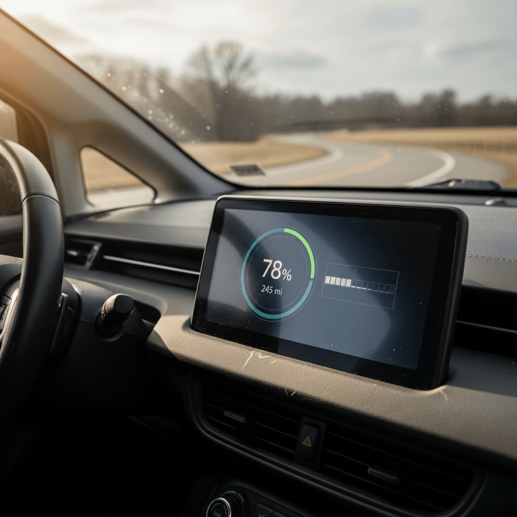 Electric car dashboard showing battery percentage and remaining range during a test drive