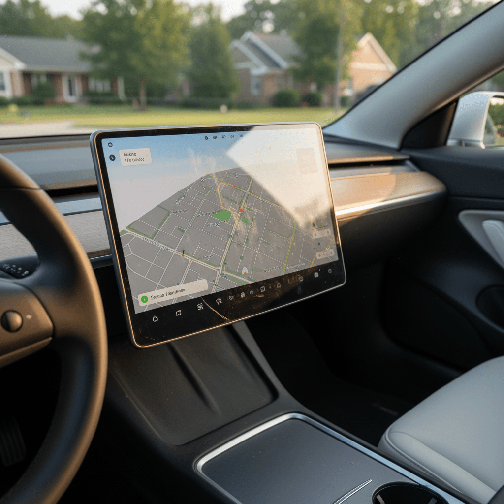 Tesla Model 3 interior with central touchscreen showing vehicle controls