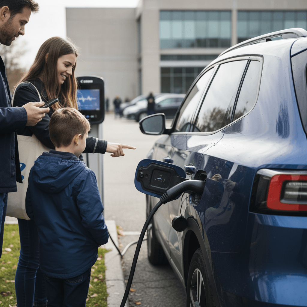 Family standing beside a completely electric car plugged into a public charging station
