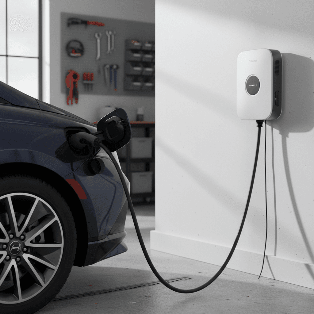 Hyundai Ioniq 6 plugged into a Level 2 wall charger in a tidy home garage