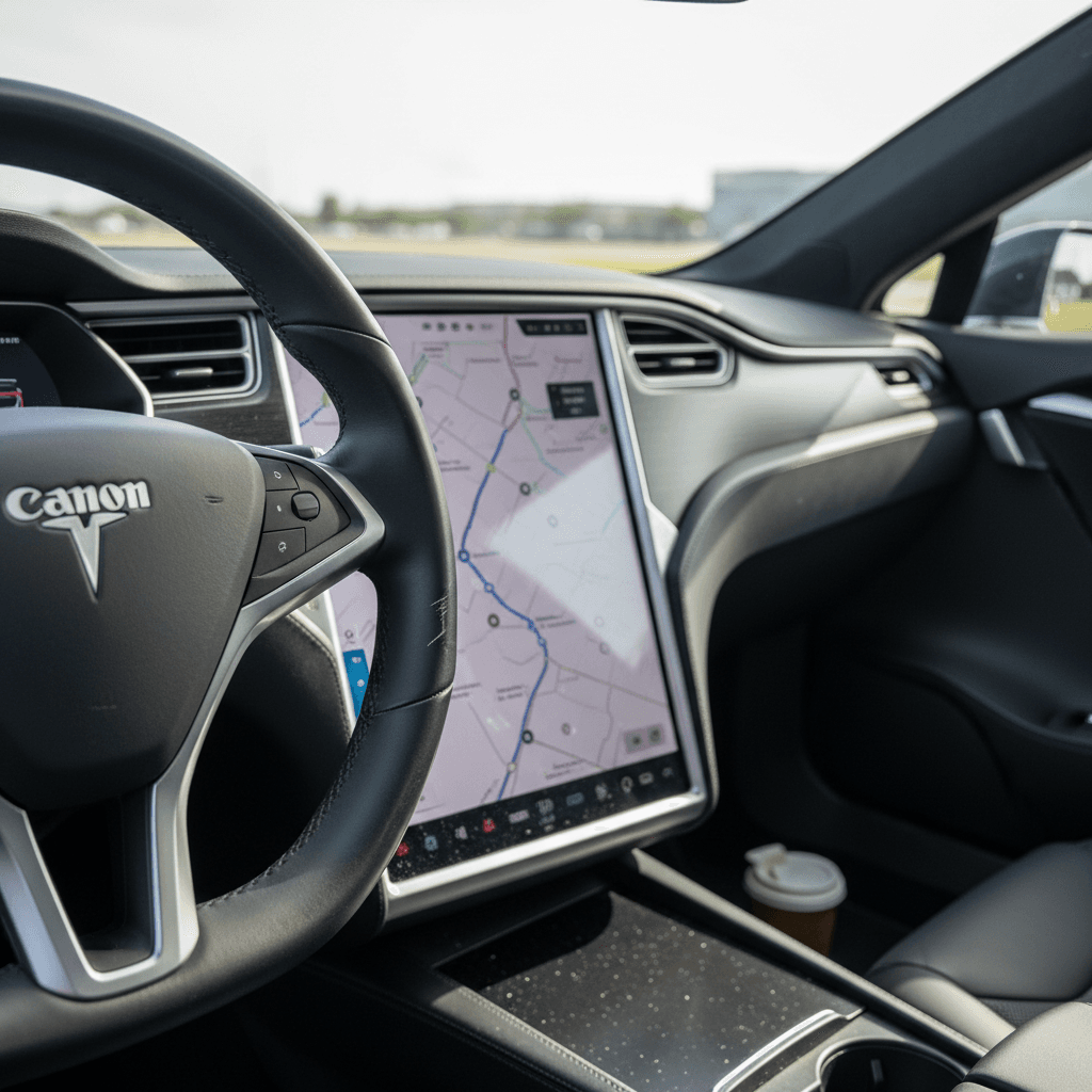 Interior of a 2022 Tesla Model S focusing on the center touchscreen and steering wheel