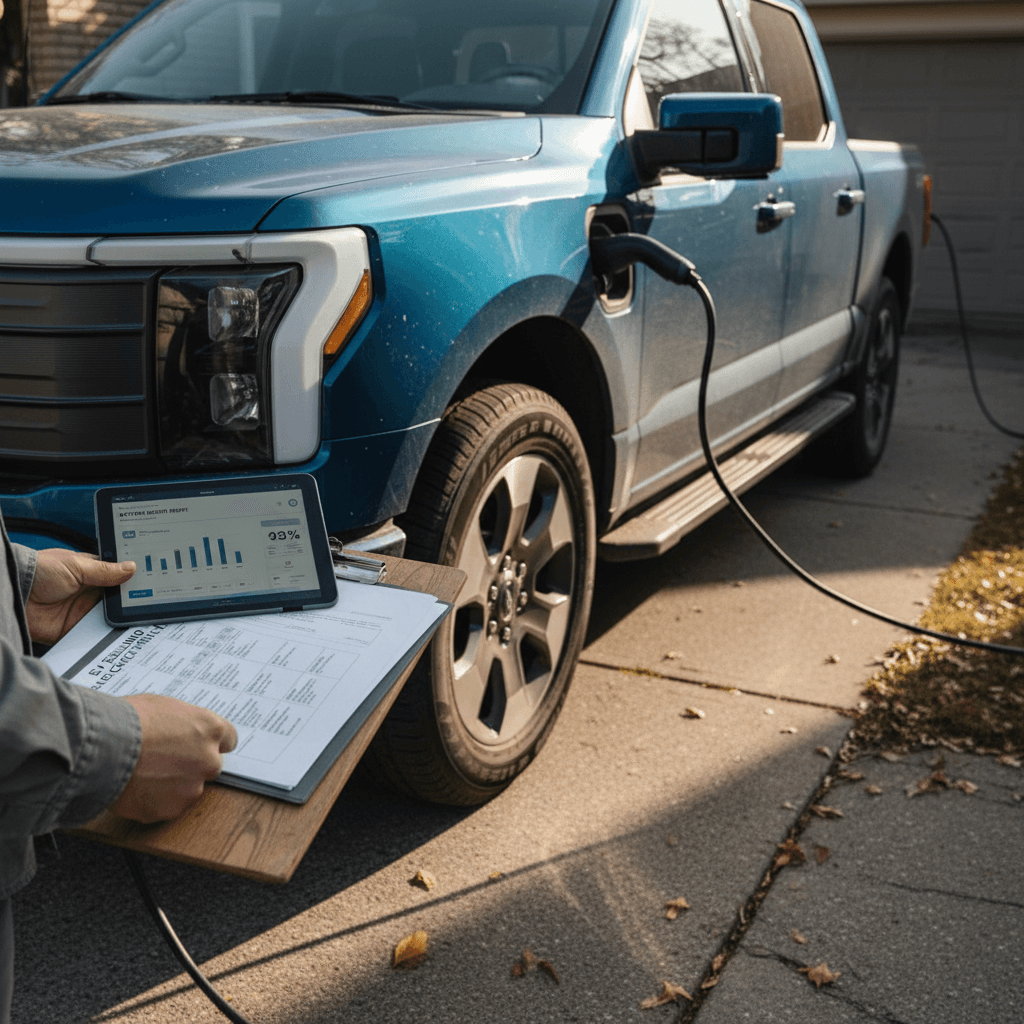 Seller reviewing a battery health report and service records next to a clean Ford F-150 Lightning parked in a driveway