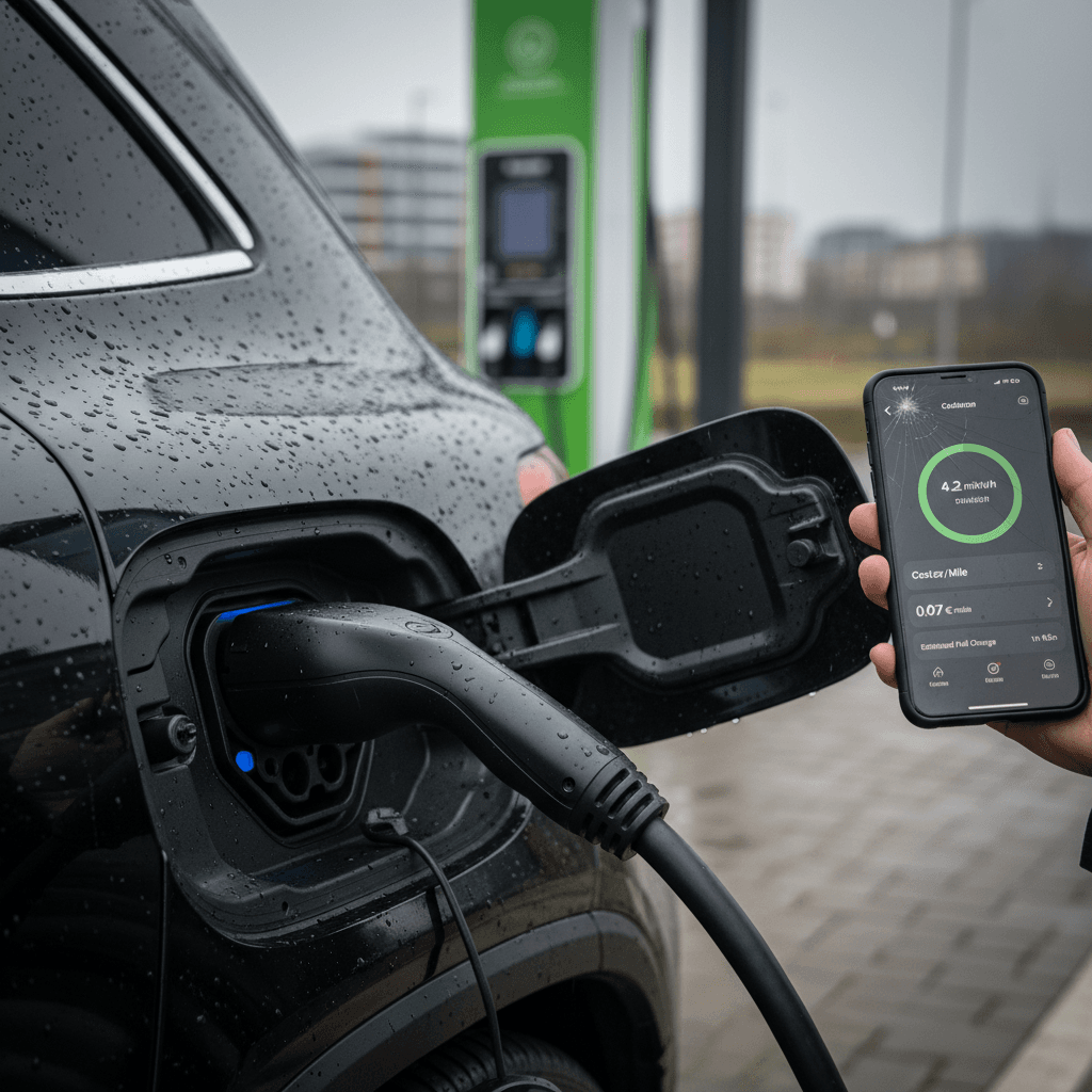 Mercedes EQB plugged into a home Level 2 charger with a smartphone showing energy cost per mile