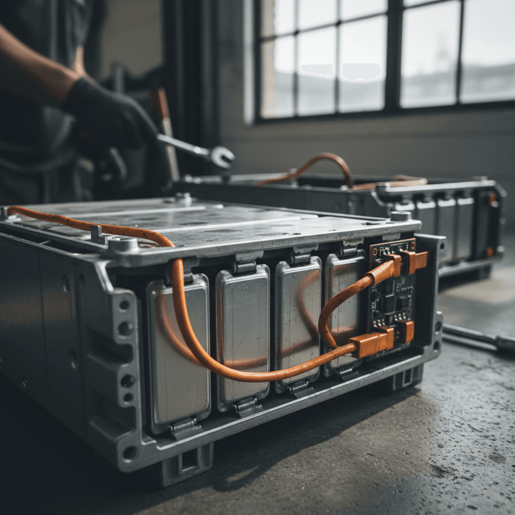 High‑voltage battery pack under an electric SUV similar to a Volkswagen ID.4 on a lift