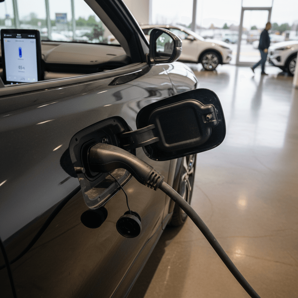 2022 Ford Mustang Mach-E plugged into a fast charger with range displayed on the dashboard screen