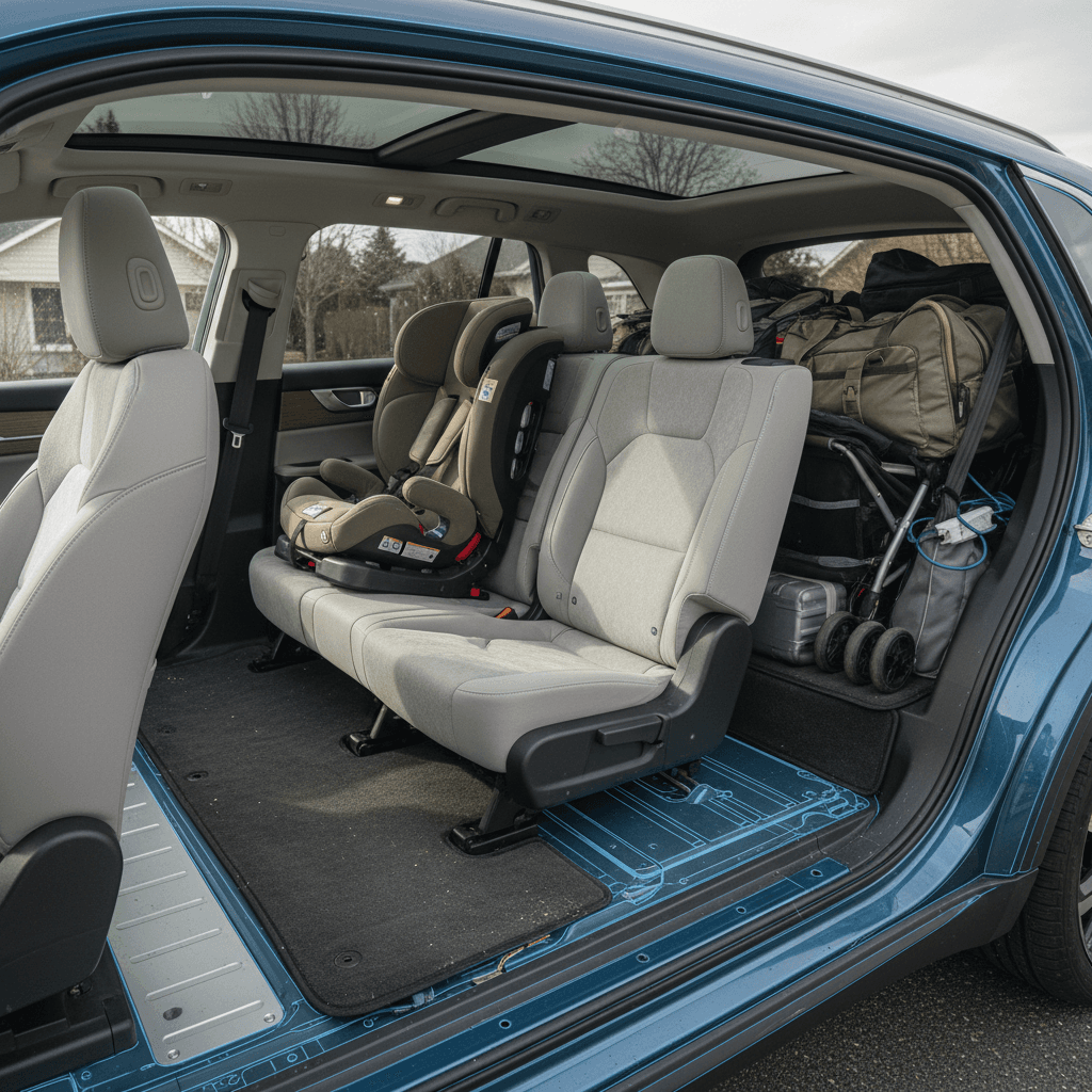 Interior of a modern electric SUV showing three rows of seating, two child seats, and a cargo area packed with family luggage