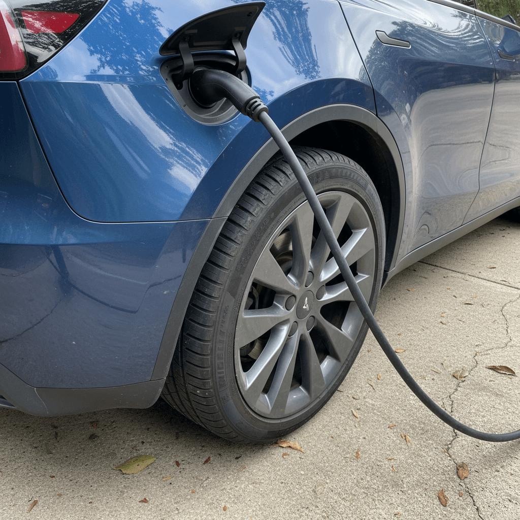 Clean 2025 Tesla Model Y plugged in and charging in a driveway, highlighting condition and battery health