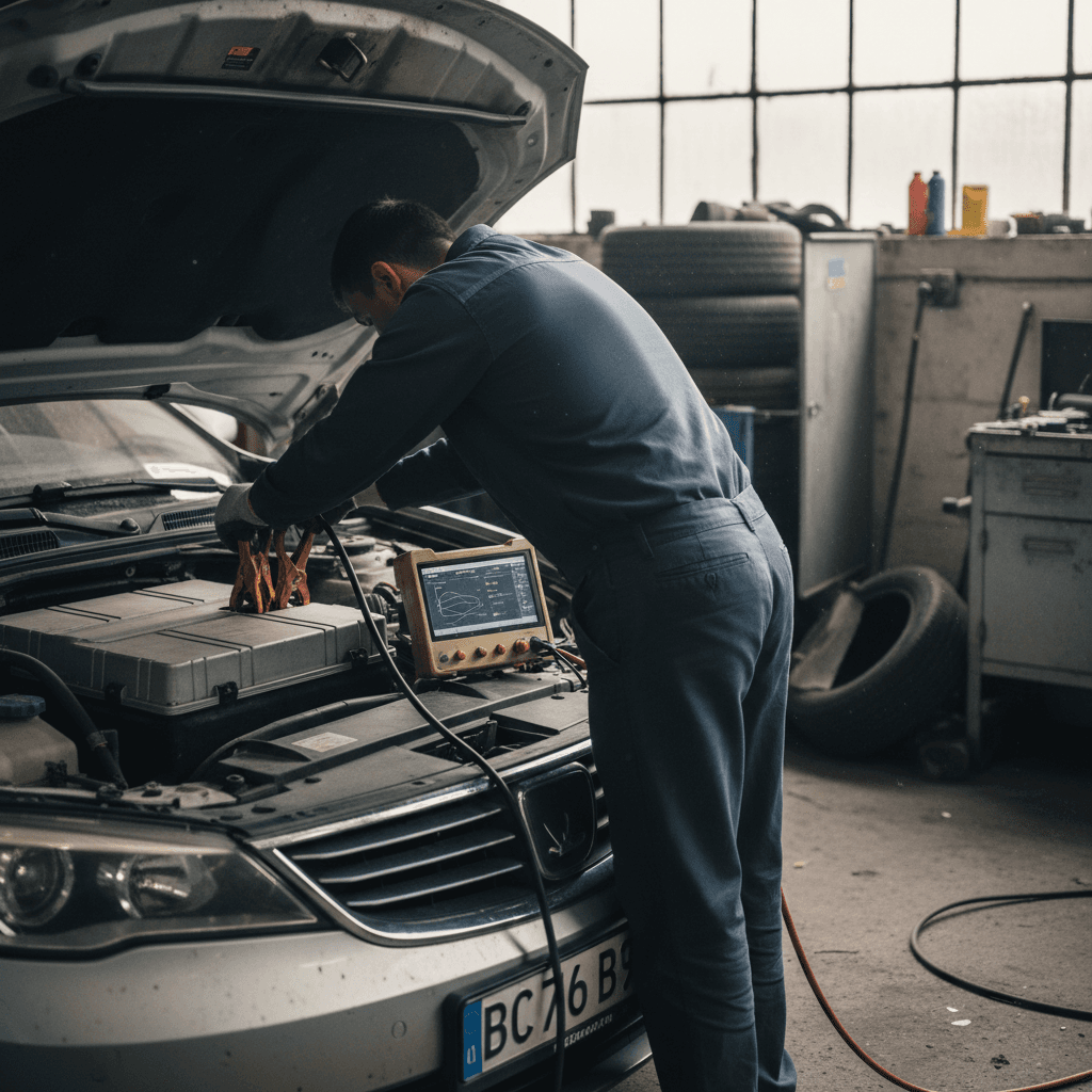 Technician performing a battery health scan on a used electric car with diagnostic laptop attached