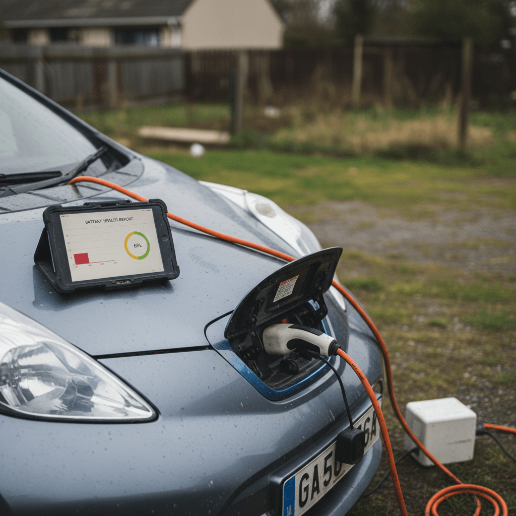 EV technician reviewing a detailed battery health and range report on a tablet next to a used electric car on a charger