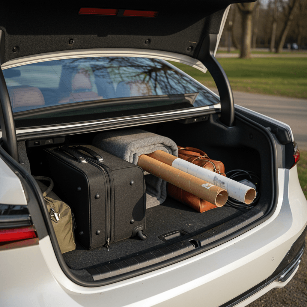 BMW i7 trunk with suitcases and a long box passed through the folded rear center section