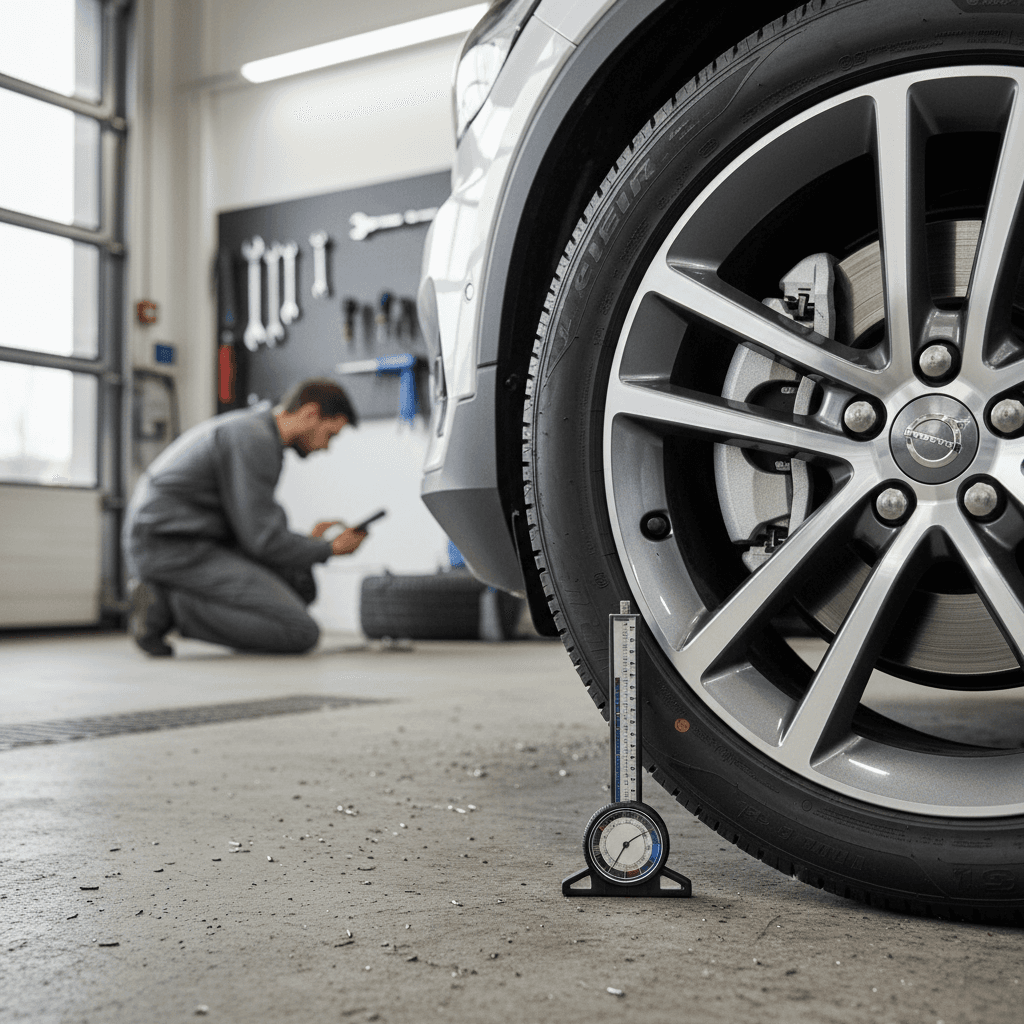 Mechanic inspecting Volvo EX30 tire tread and brake components on a lift