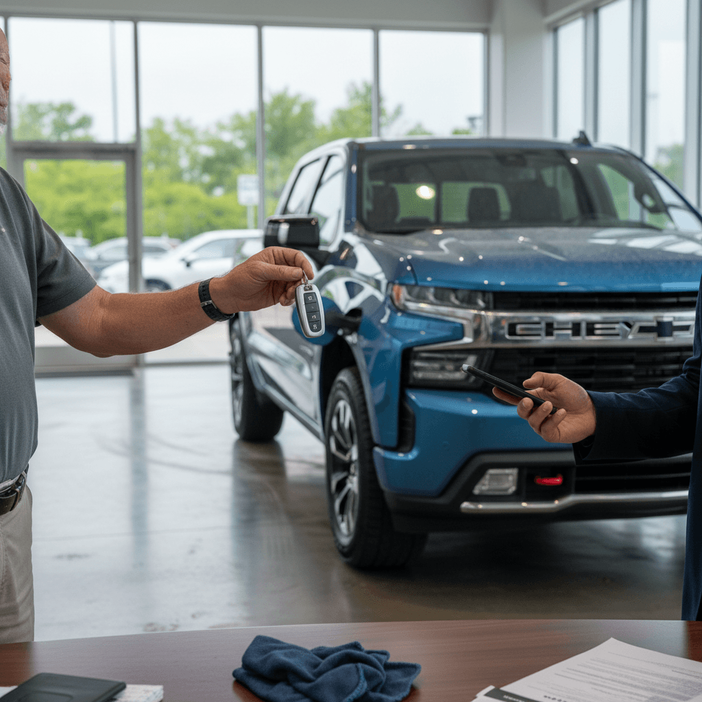 Seller passing keys for a Chevrolet Silverado EV to a buyer inside a modern EV-only showroom