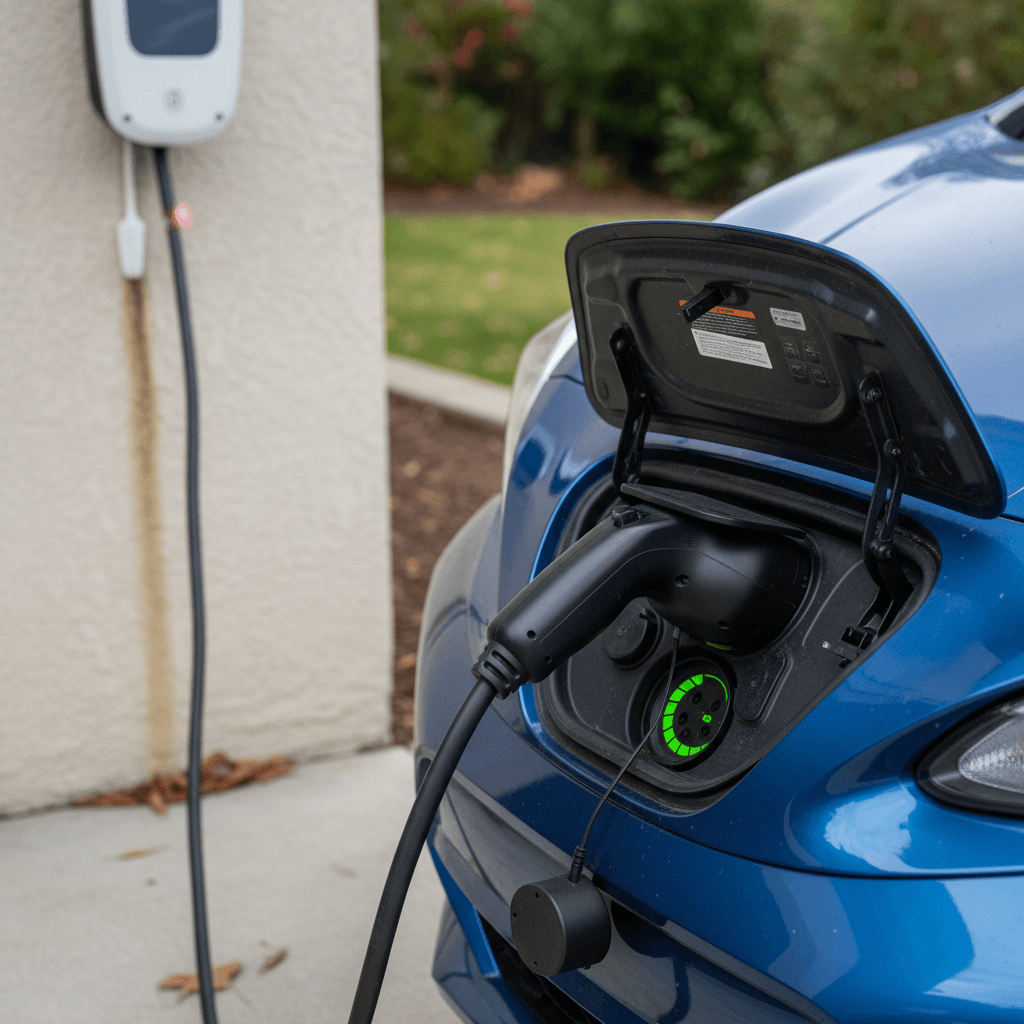 2024 Nissan Leaf charging at a home Level 2 charger with charge status lights illuminated