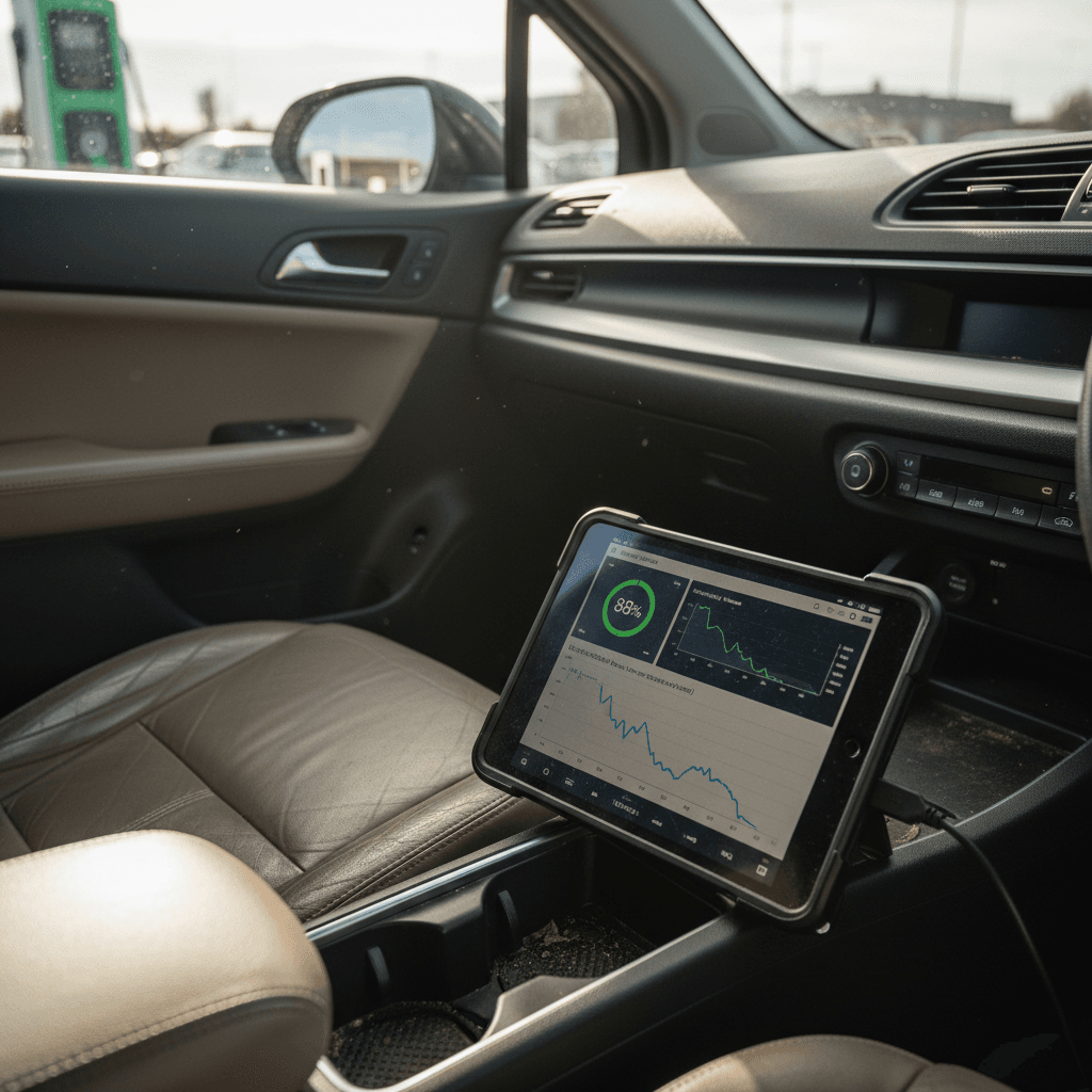 Family standing beside a used electric car parked in a suburban driveway