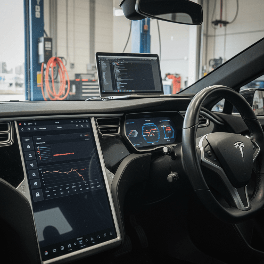 Tesla technician reviewing a 2020 Model S recall status on the central touchscreen while connected to diagnostic equipment