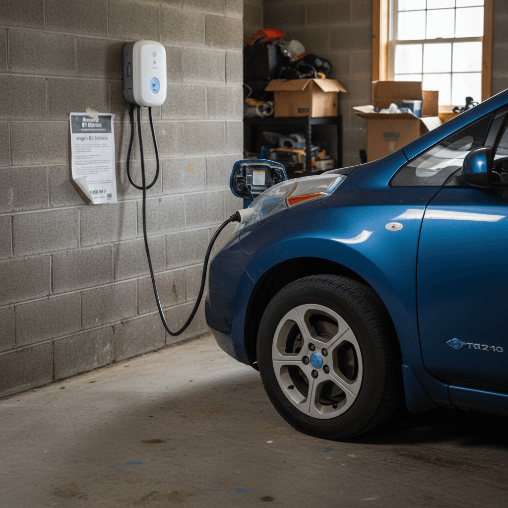 Roanoke Virginia home garage with a used electric car plugged into a wall mounted Level 2 EV charger