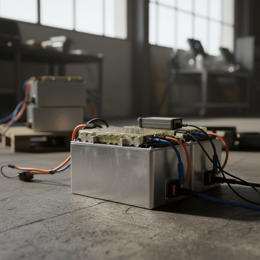 Undercarriage view of an electric vehicle showing the large battery pack