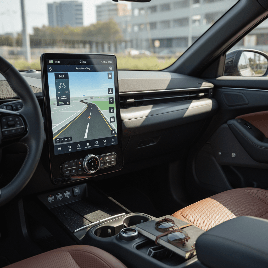 Interior of a 2025 Ford Mustang Mach-E with large central touchscreen and digital gauge cluster