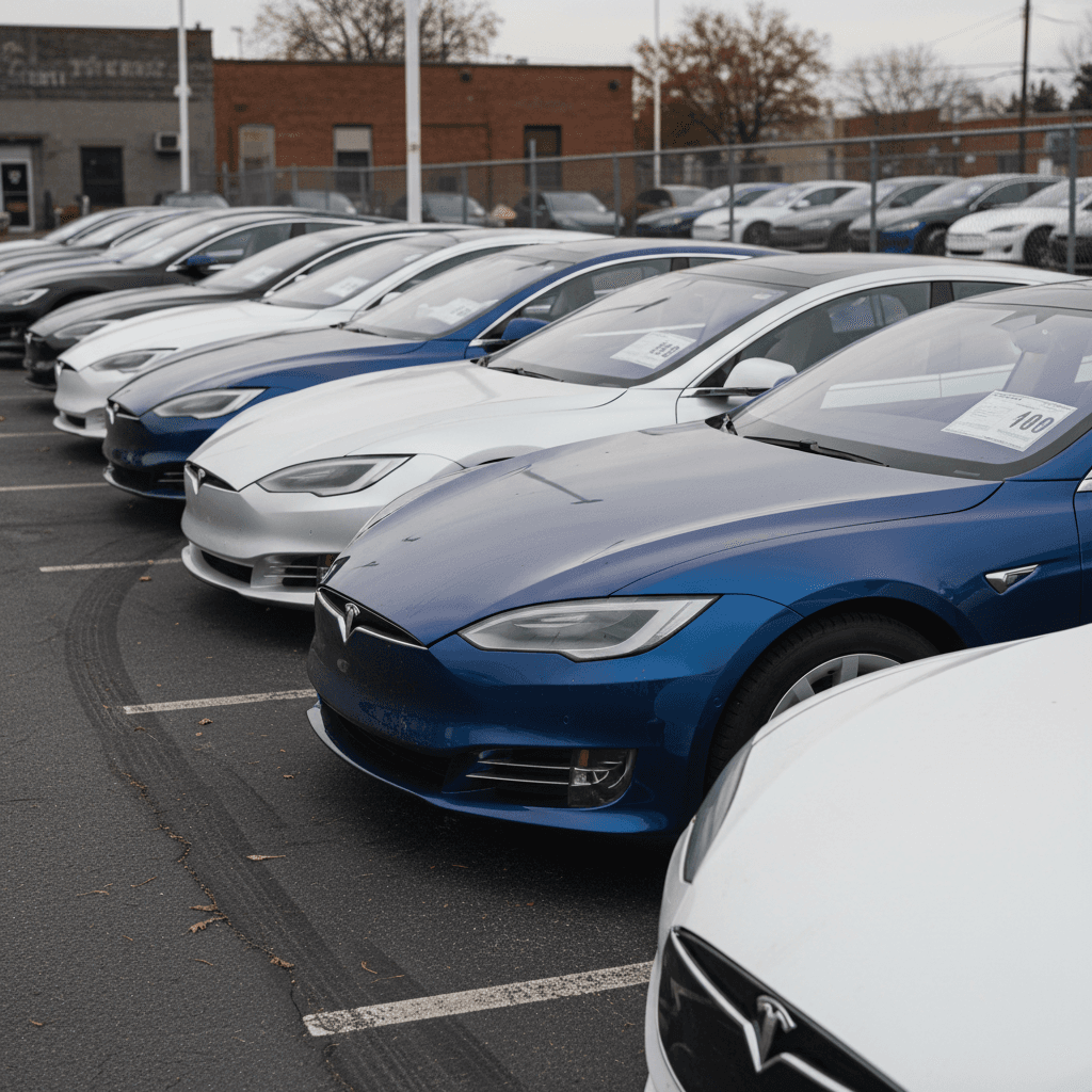 Row of used Tesla Model S sedans lined up at a dealer lot showing asking prices in the windows