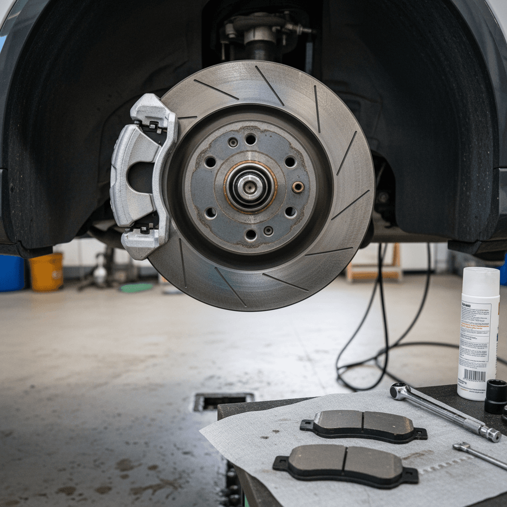 Audi Q4 e-tron front wheel removed in a workshop showing the brake caliper, rotor, and pad set during service