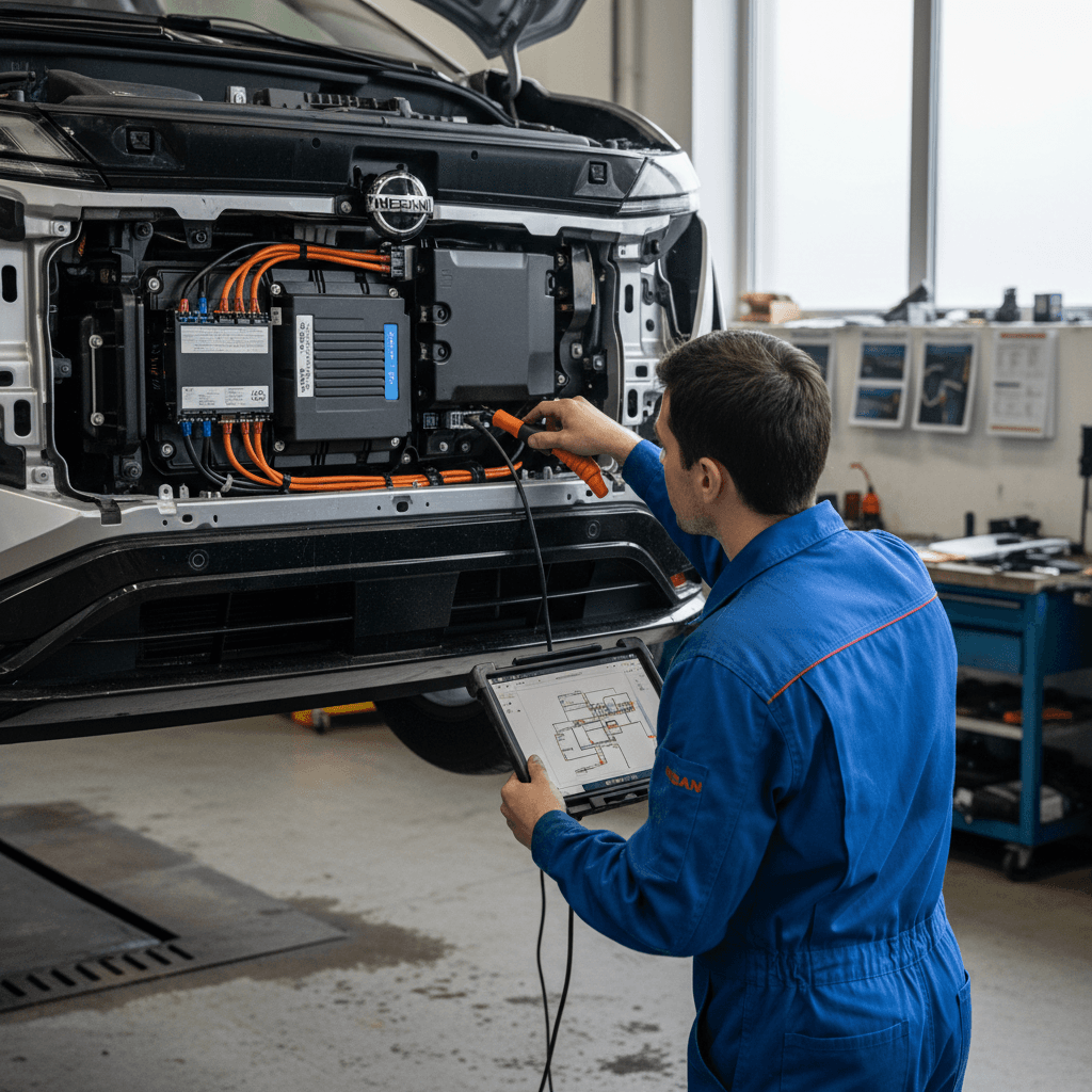 Technician performing a high‑voltage system inspection on a Nissan Ariya in a professional service bay