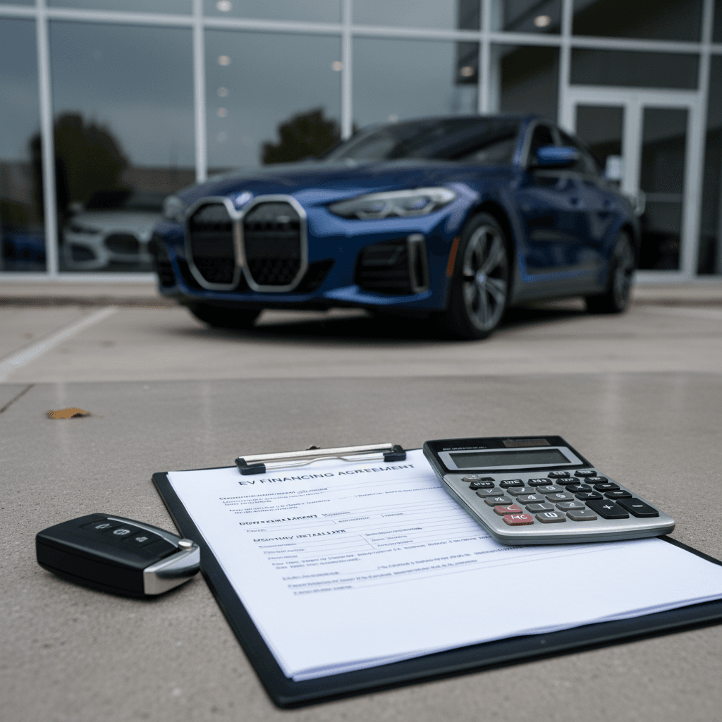 Financial paperwork, calculator, and key fob laid out next to a used BMW i4 being considered for financing