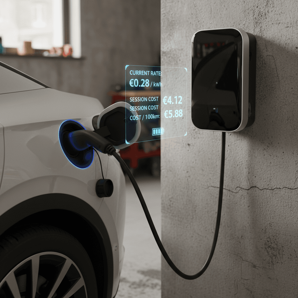 Volkswagen ID.4 plugged into a home wallbox while electricity cost per mile is calculated