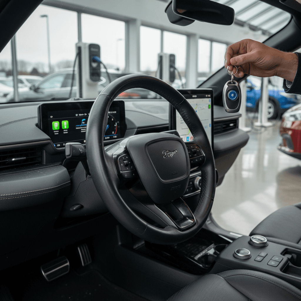 Seller meeting with an EV specialist at a showroom to discuss selling a used Ford Mustang Mach‑E, with charging stations visible outside the window