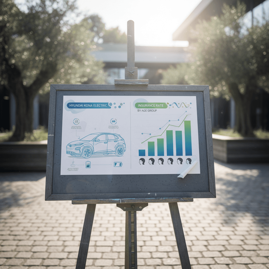 Infographic comparing Hyundai Kona Electric insurance costs by driver age from teens through seniors