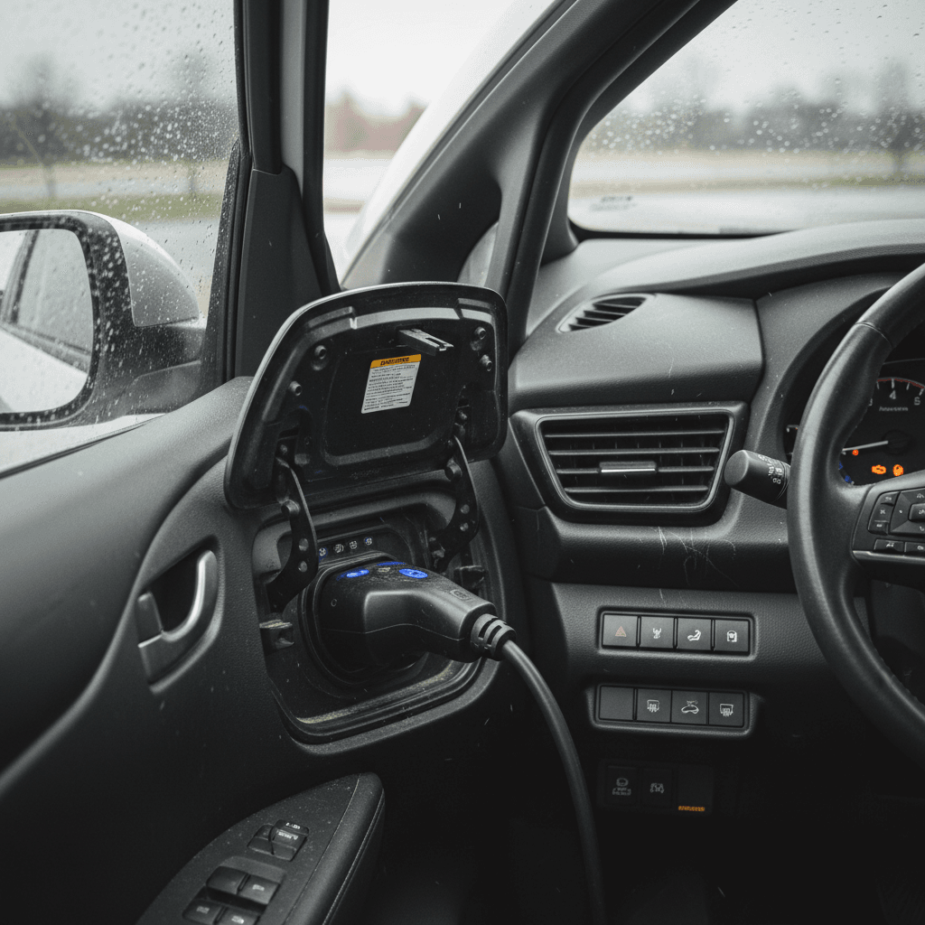Nissan Leaf plugged into a Level 2 home charger with dashboard warning lights on