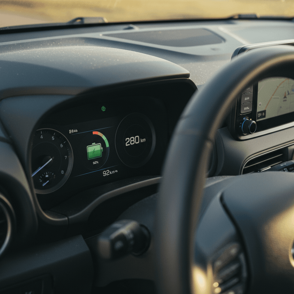 Hyundai Kona Electric instrument cluster showing battery state of charge and estimated driving range