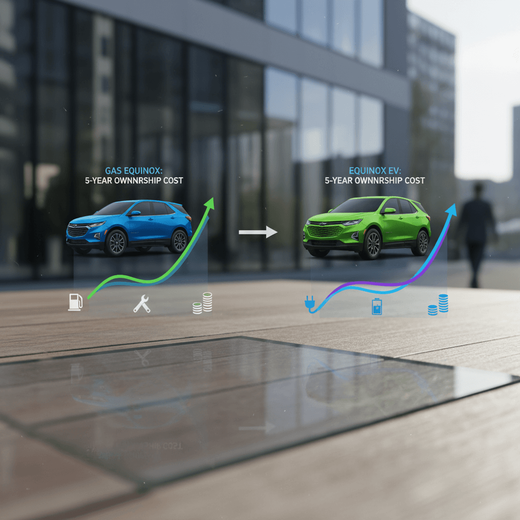 Side-by-side comparison graphic showing estimated fuel costs for a gas Chevrolet Equinox vs electricity costs for an Equinox EV over several years