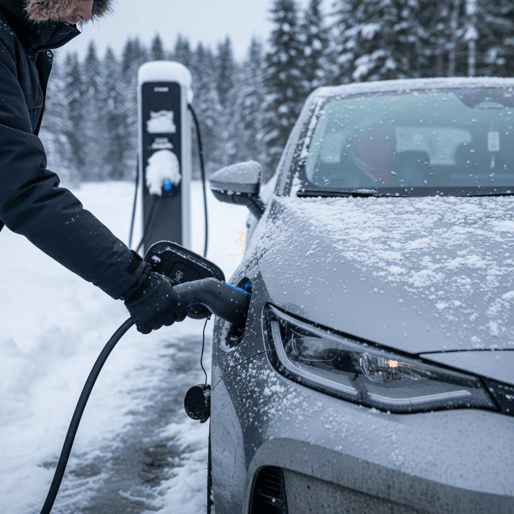 Driver plugging an electric car into a public fast charger at a snowy roadside station, with snow on the car and ground.