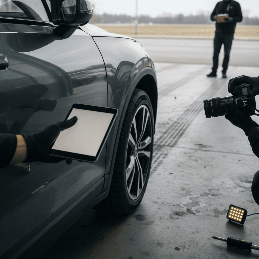 Technician inspecting and photographing a used Polestar 3 SUV to document condition and battery health for resale