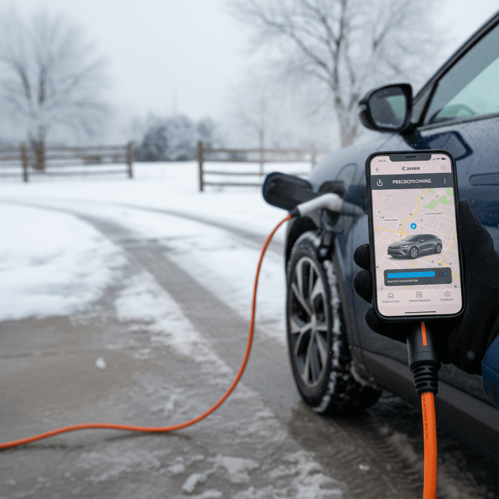 EV driver using a smartphone app to preheat their electric car while it charges in a snowy driveway