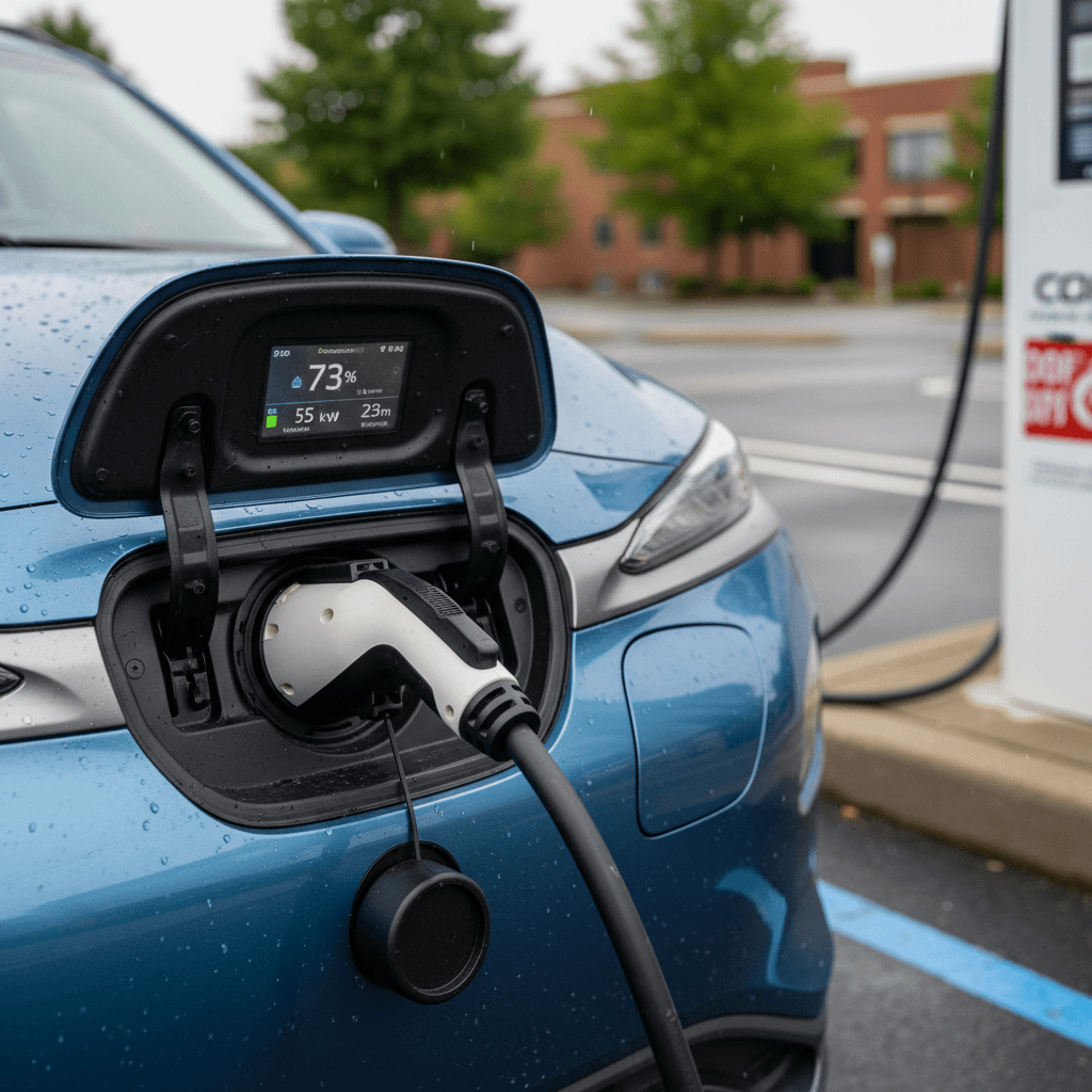 2020 Hyundai Kona Electric charging at a DC fast charger with the digital station screen visible