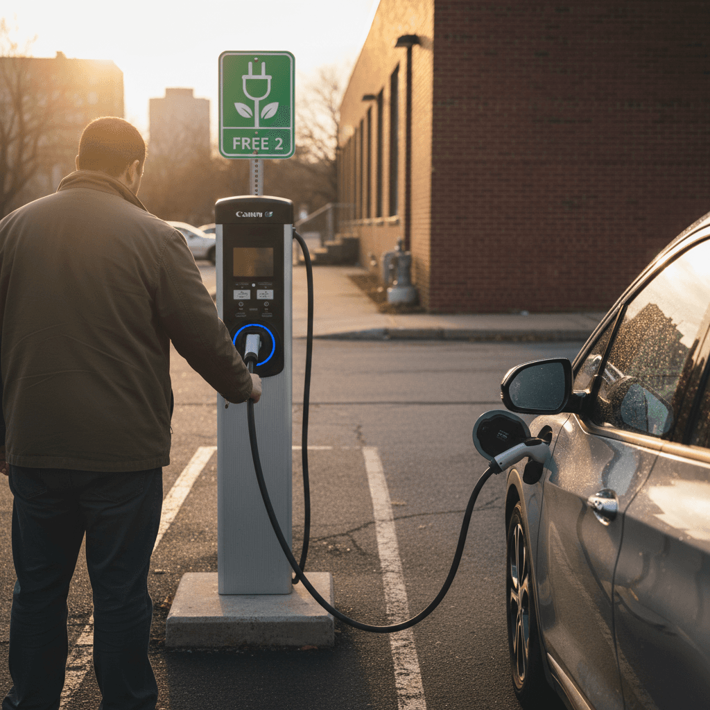 Driver parking and plugging an electric car into a free public Level 2 charger at a Detroit recreation center lot