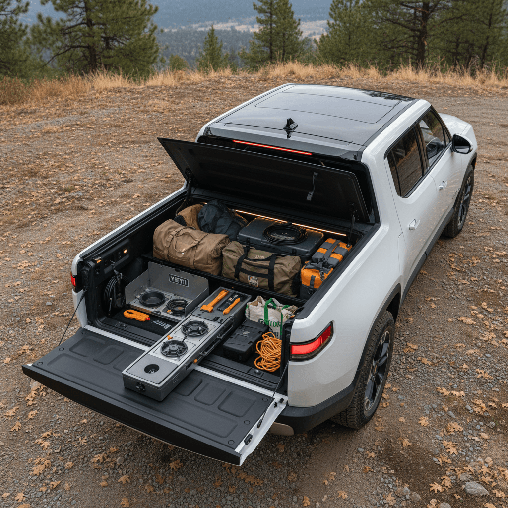 Diagram-style top-down view of a Rivian R1T showing the bed, frunk, Gear Tunnel and interior storage areas labeled for cargo planning