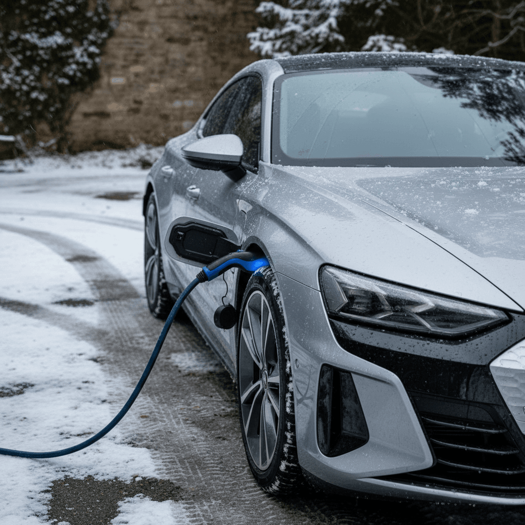 Audi e-tron GT charging outdoors in a snowy driveway with visible cable and light snow on the car