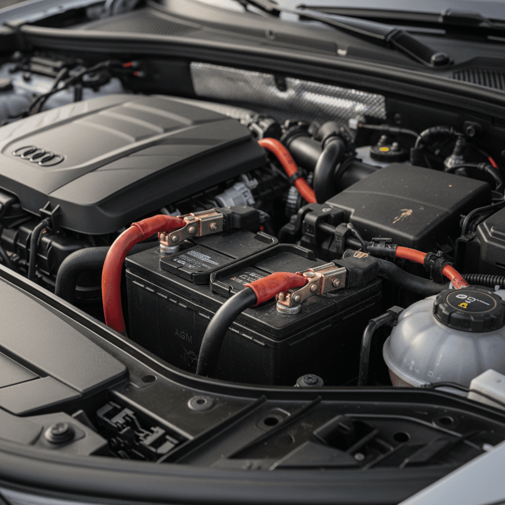 Technician inspecting and replacing a 12V AGM battery in an Audi Q4 e-tron engine bay