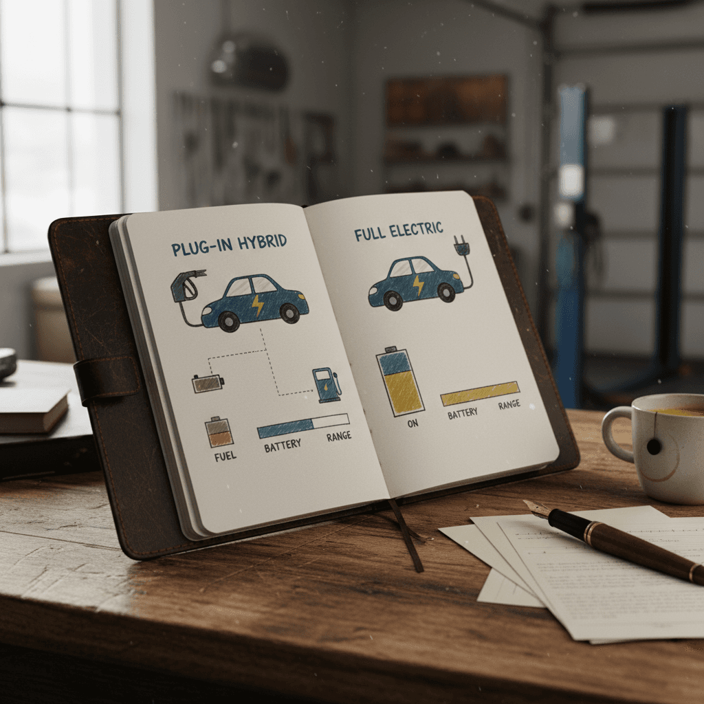 Side-by-side comparison graphic highlighting key differences between plug-in hybrid and full electric vehicles for range, fuel, and charging