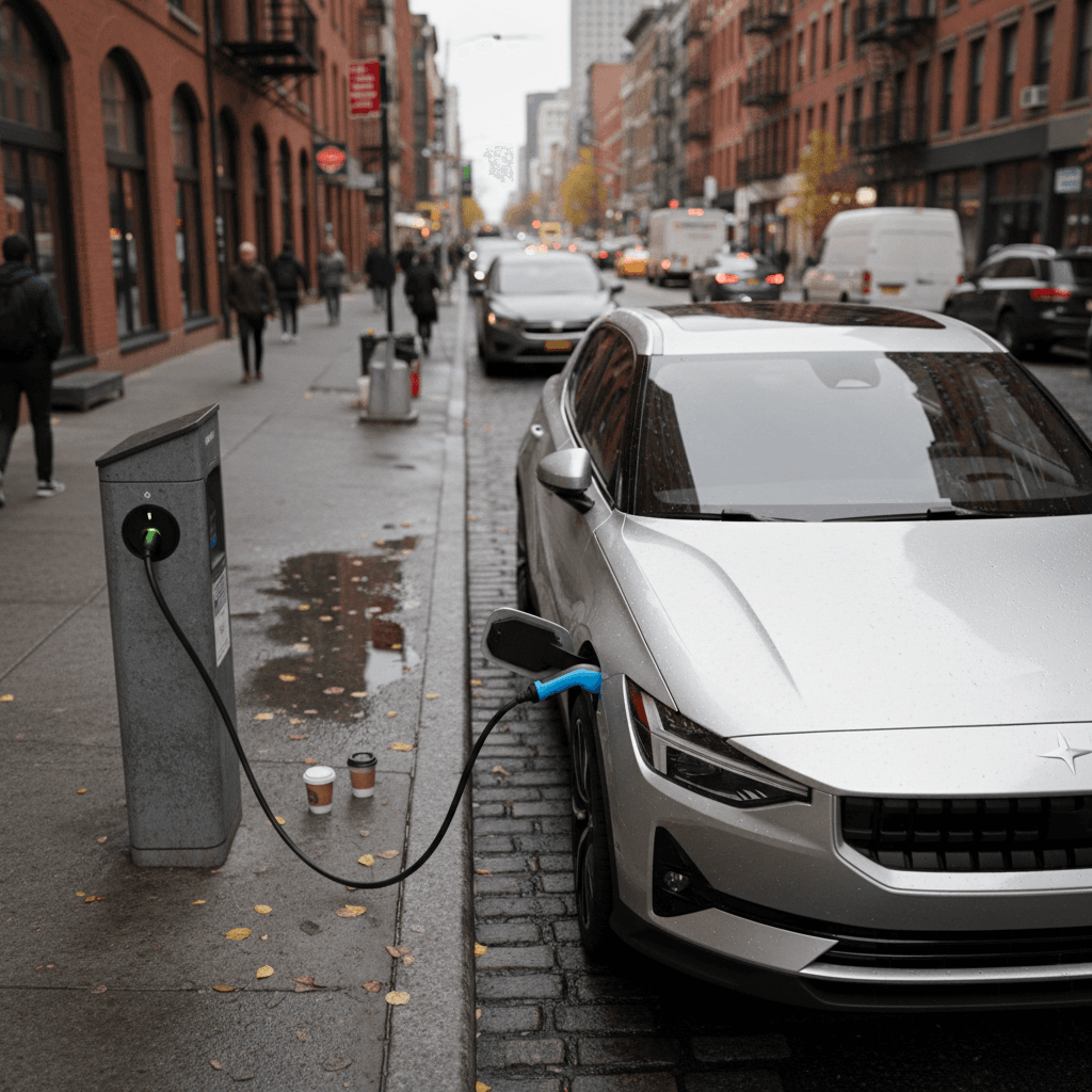 Compact plug-in hybrid hatchback parked at a curbside charger on a narrow city street