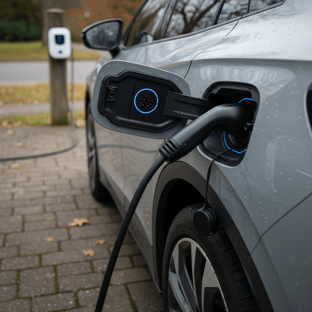 2022 Volkswagen ID.4 charging at a home Level 2 charger in a suburban driveway